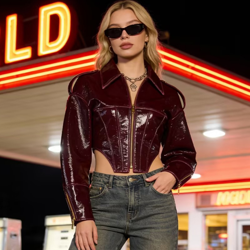Riding Jacket Leather - Vintage Kadın Patent Deri Ceket Şık